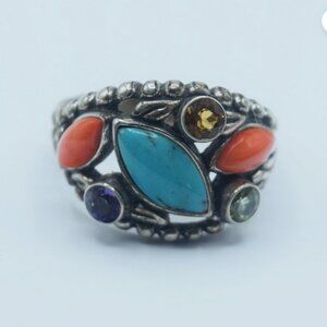 Carolyn Pollack RING Turquoise & Coral & Multi Gemstone Sterling Silver sz 8